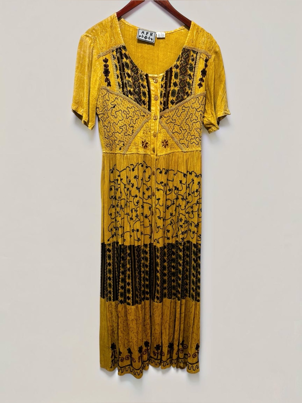 90s Vintage M.P.H. Embroidered Maxi Dress Gold Brown 100% Rayon